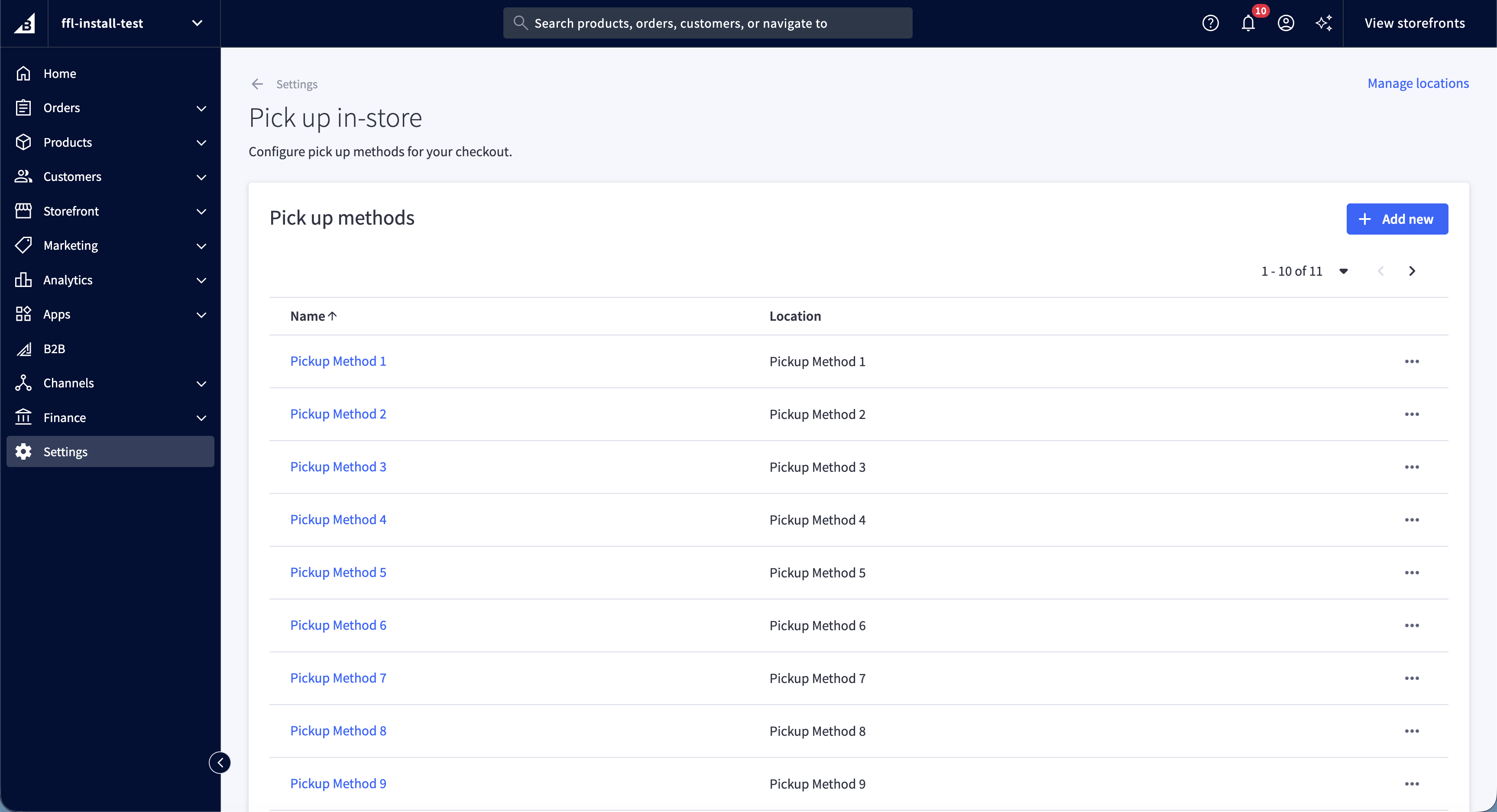 BigCommerce Pick up methods page showing methods connected to store locations