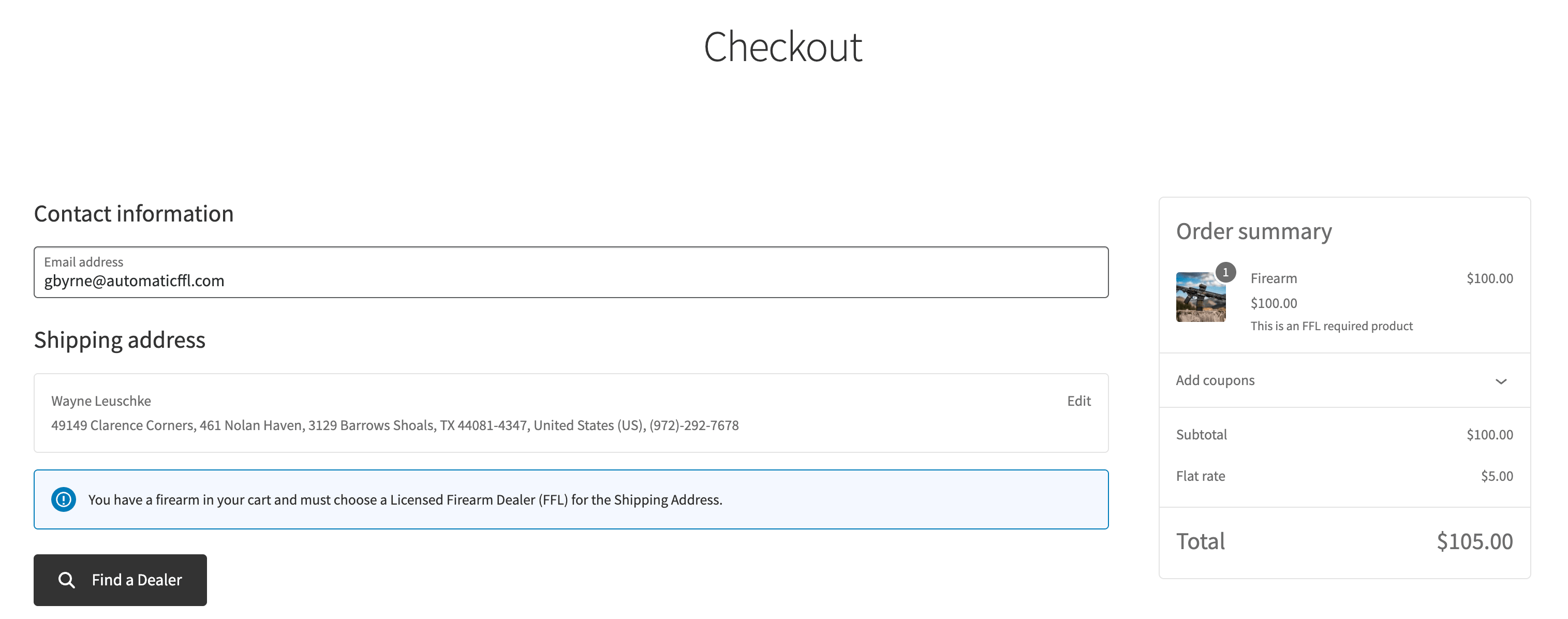 WooCommerce Checkout Blocks showing an FFL-required firearm, a notice that a licensed dealer must be selected, and a Find a Dealer button.