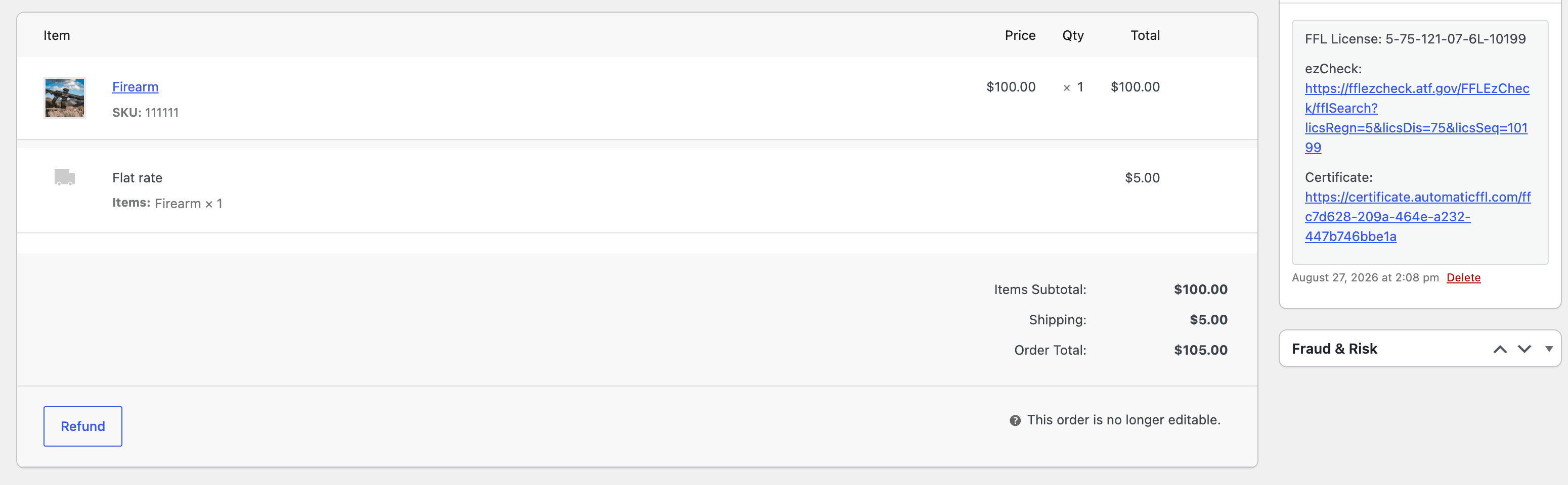 WooCommerce order admin showing the firearm line item and Automatic FFL license, eZ Check, and certificate links in the order notes.