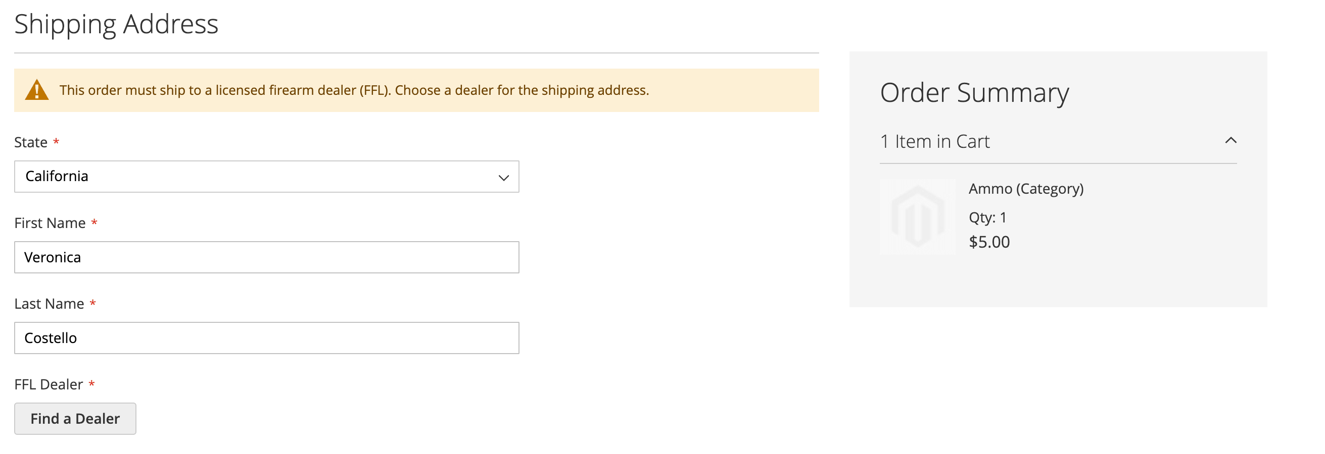 An ammo-only Magento order with California selected and a Find a Dealer button for the FFL shipping address.