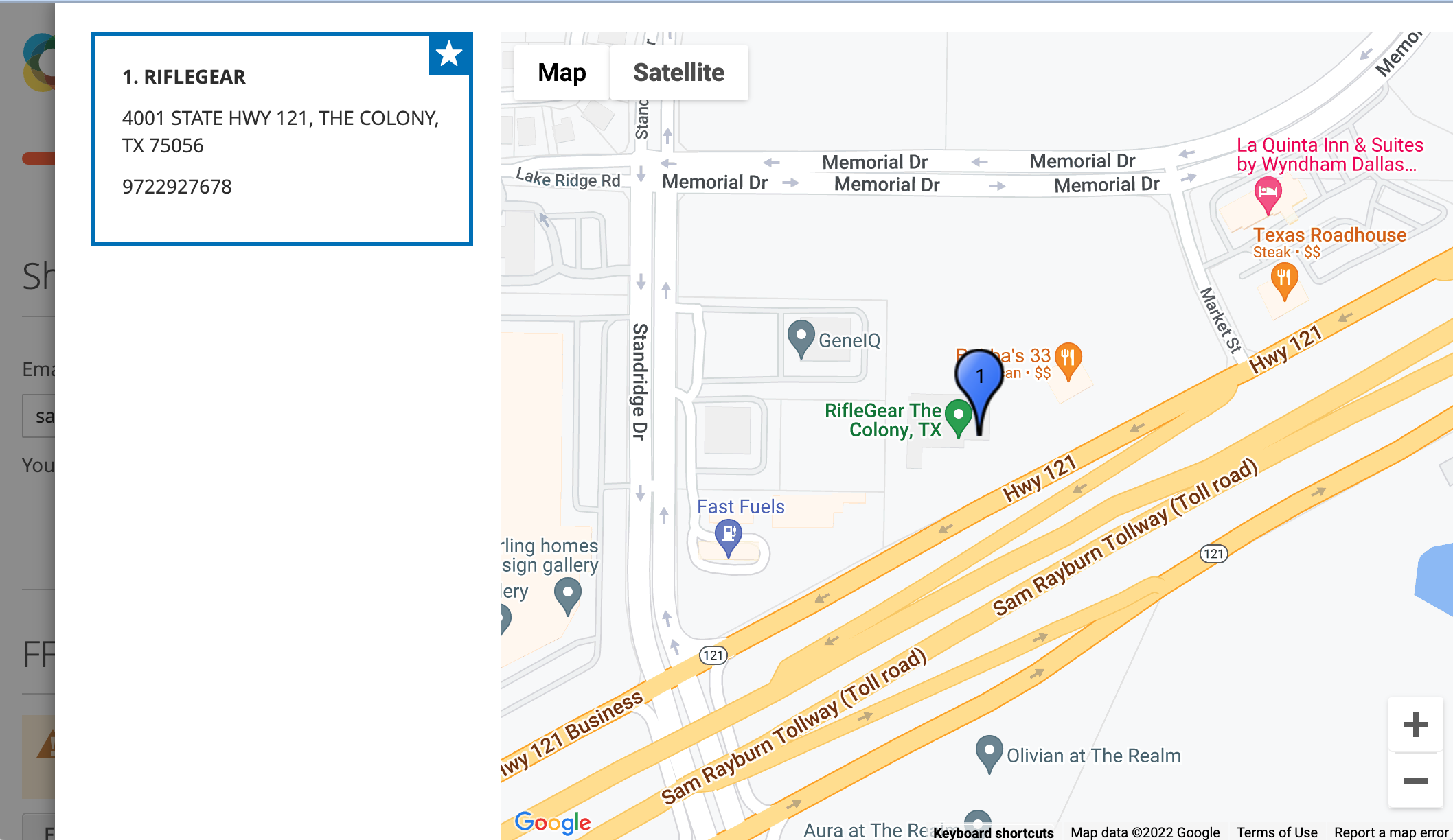 Magento checkout with the Automatic FFL dealer map open.