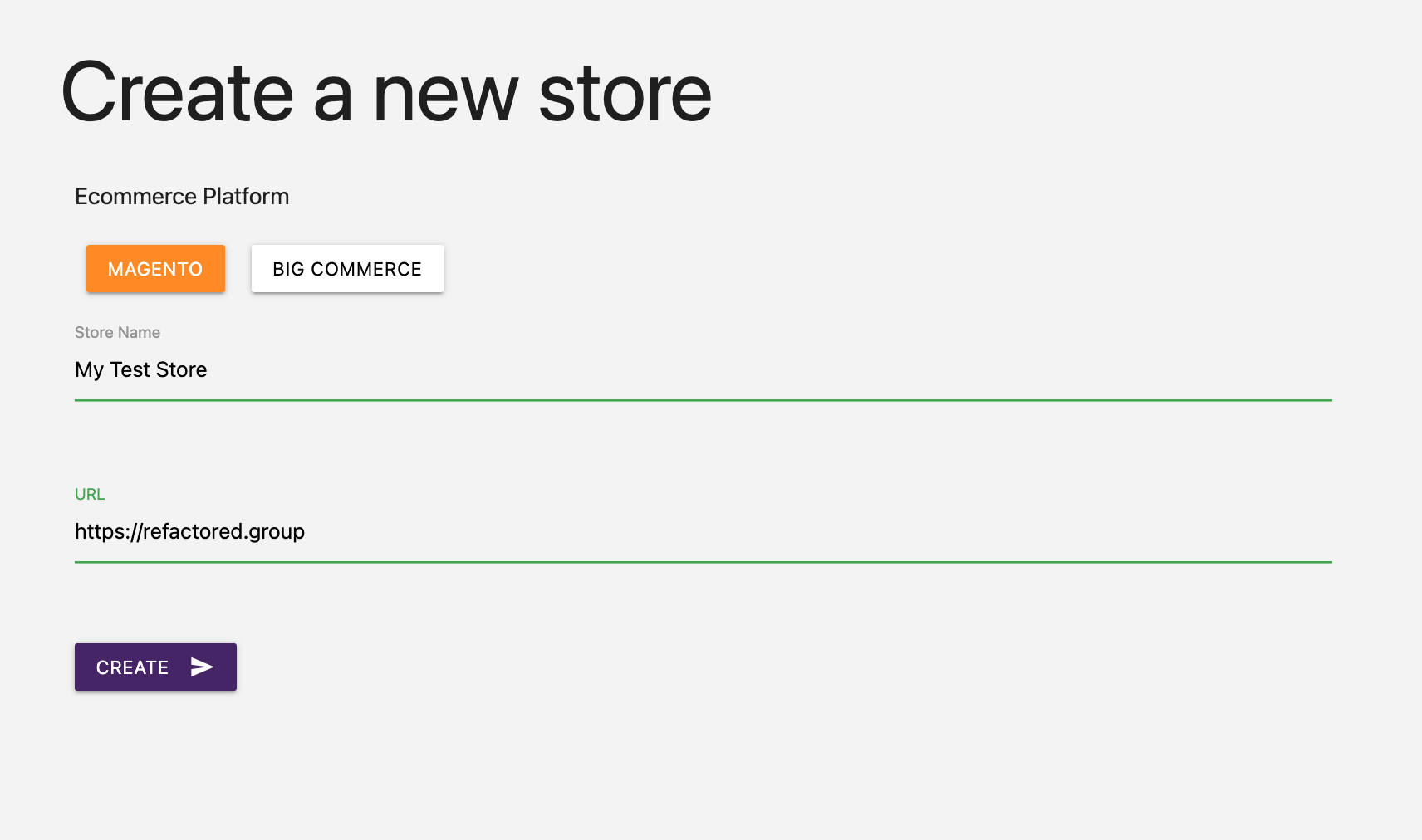 Automatic FFL form for creating a Magento store connection.