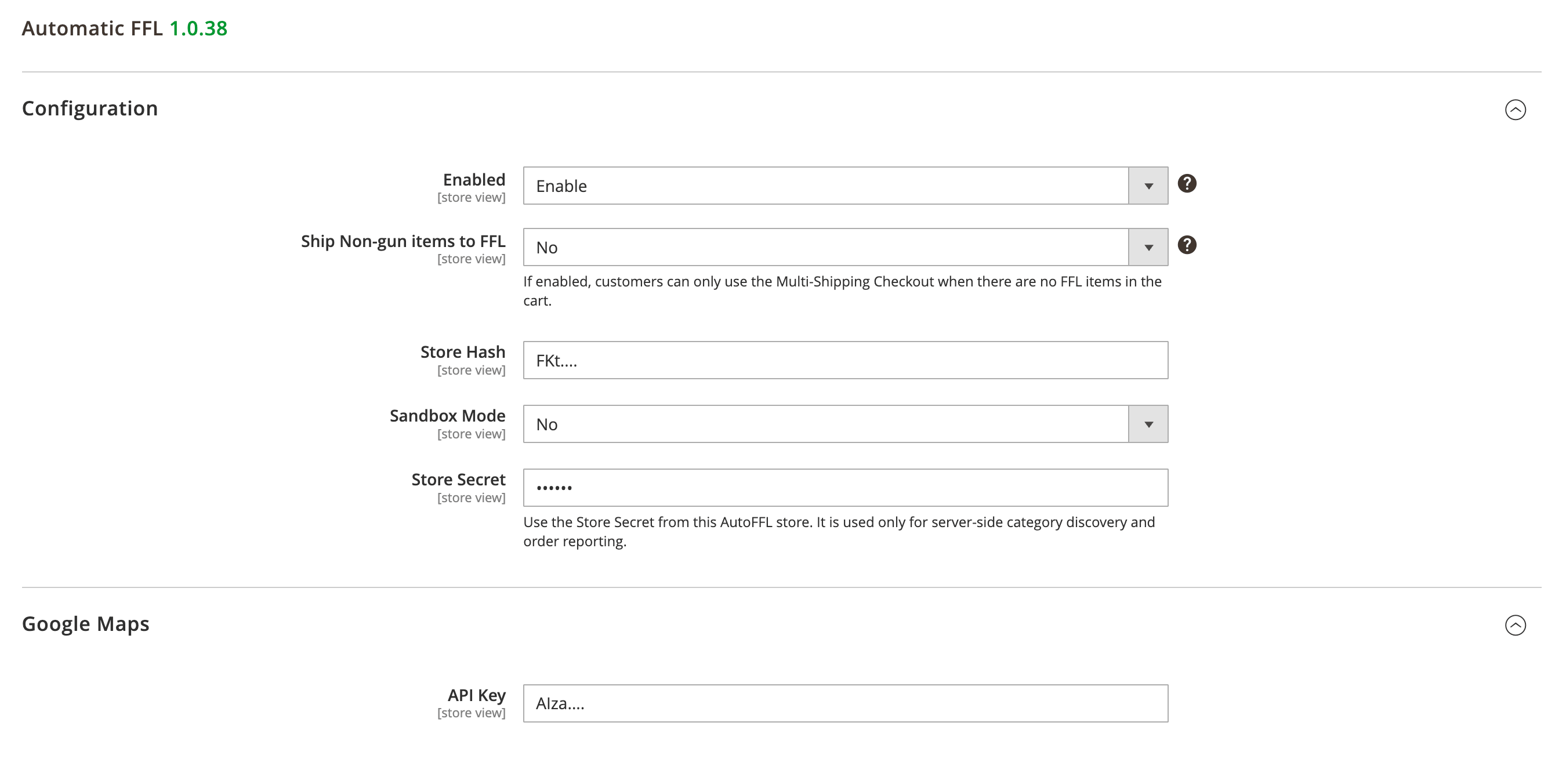 Automatic FFL extension settings in Magento with connection and checkout options.