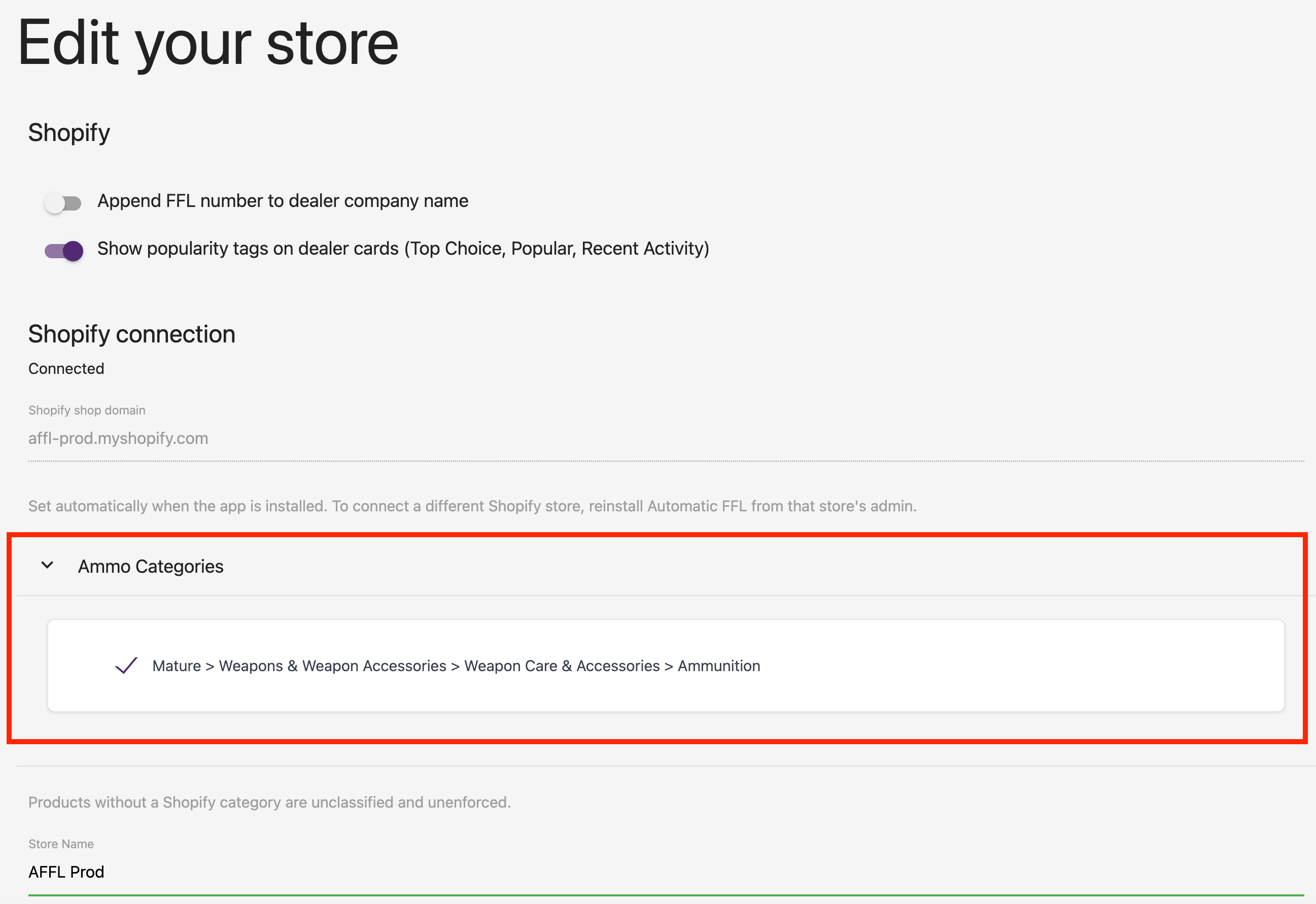 The Ammo Categories section on the Edit your store page, with an ammunition category checked.