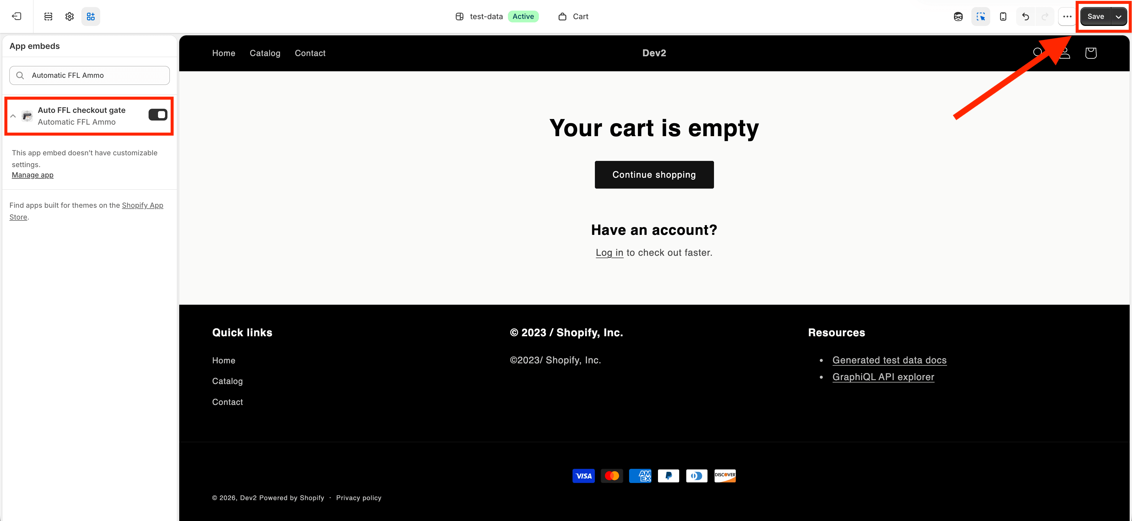 The Auto FFL checkout gate app embed switched on in the theme editor.