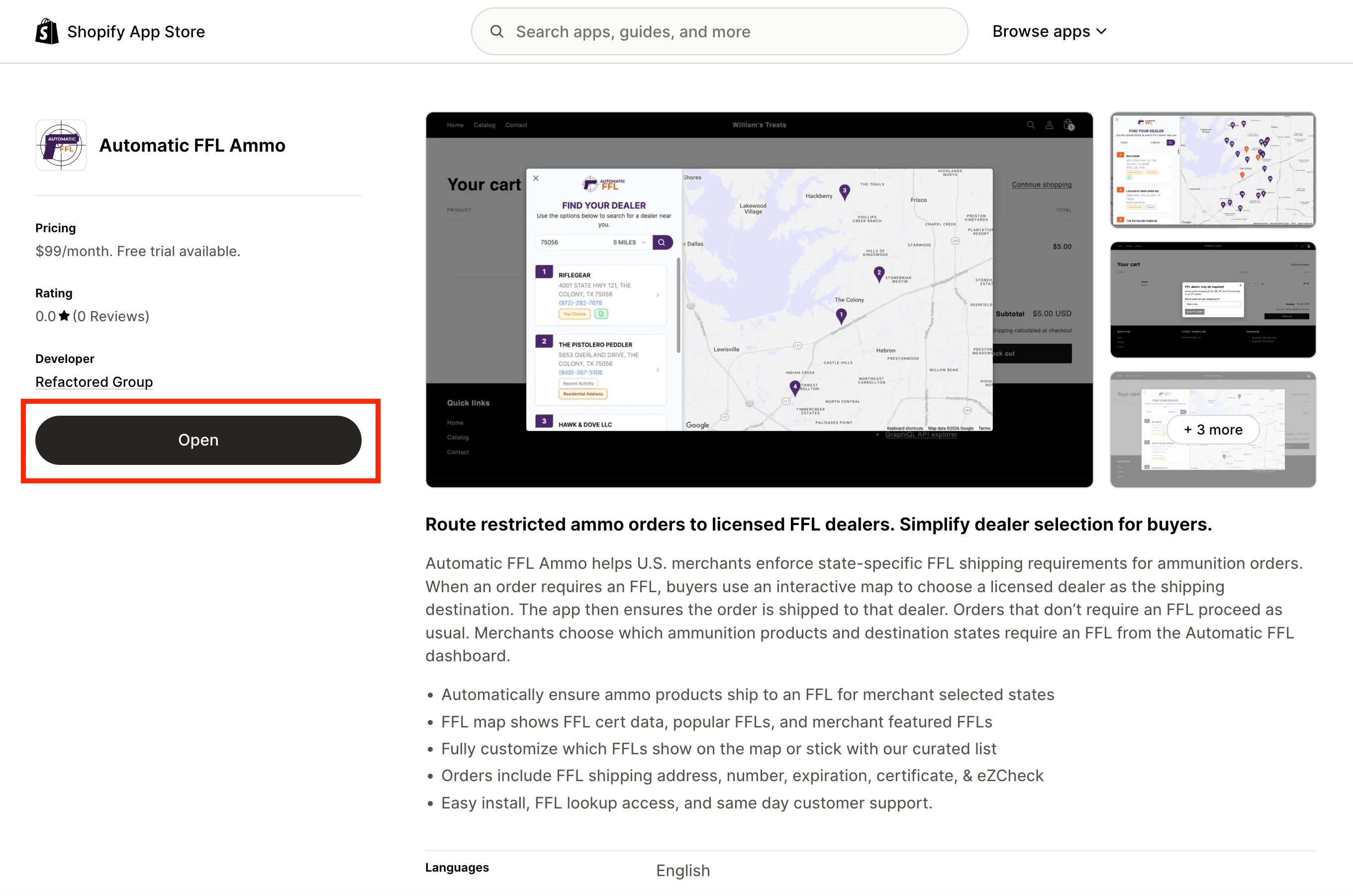 The Automatic FFL Ammo listing in the Shopify App Store.