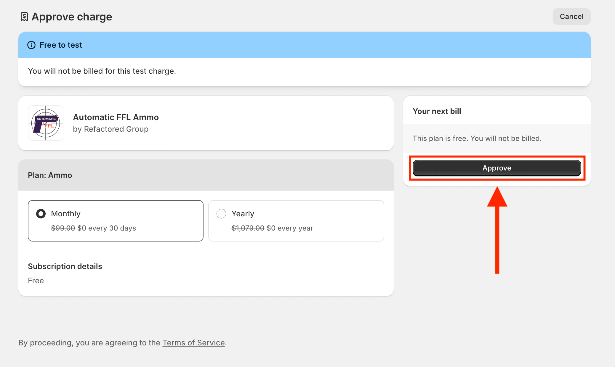 Approving the subscription in Shopify.