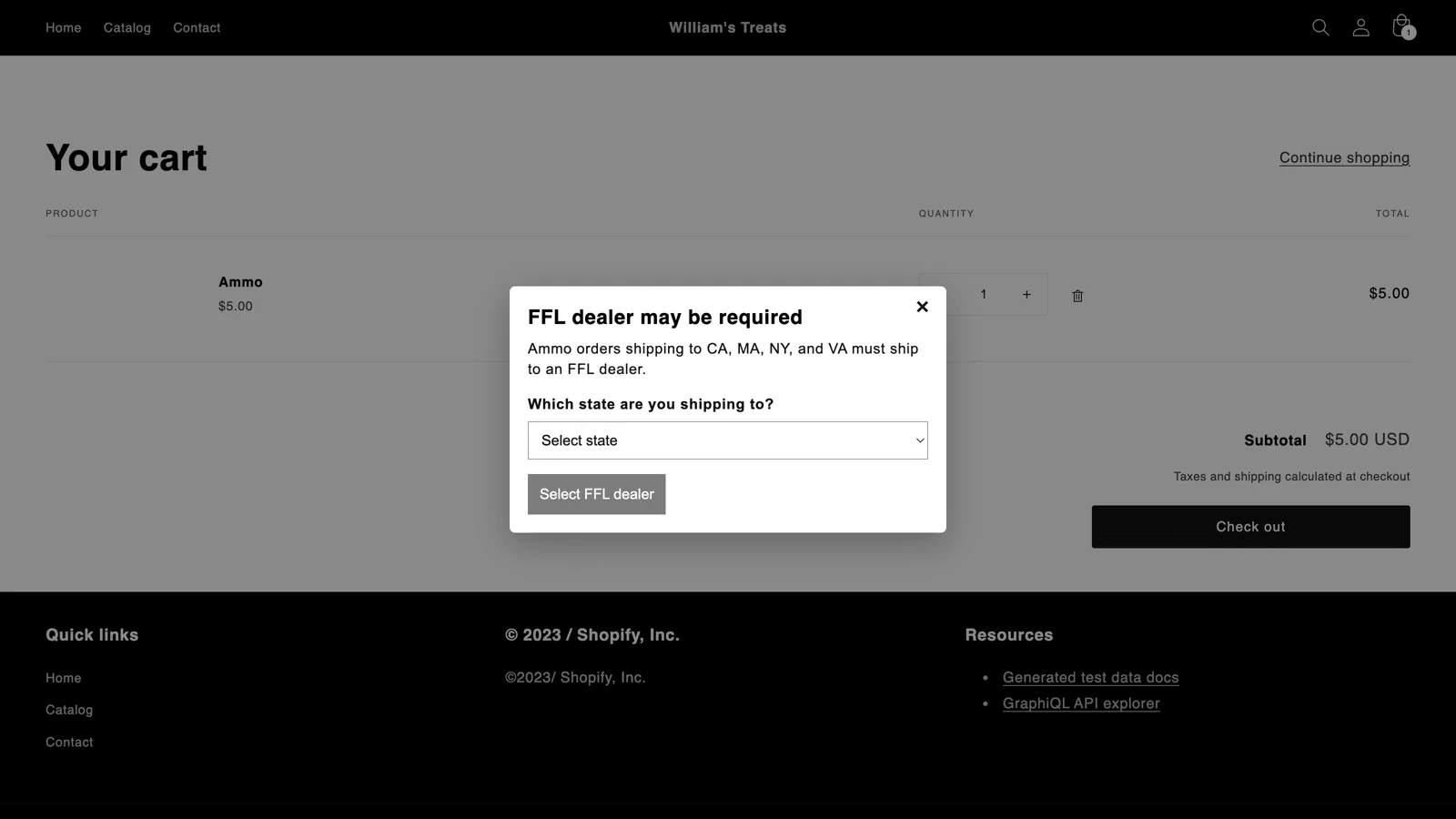 The cart asking which state the order ships to before a dealer is selected.