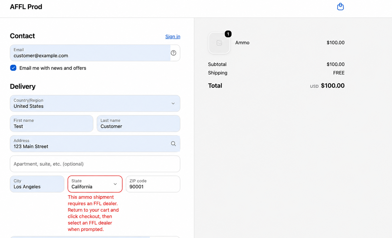 Shopify checkout blocking a restricted ammunition order until the buyer returns to the cart and selects an FFL dealer.