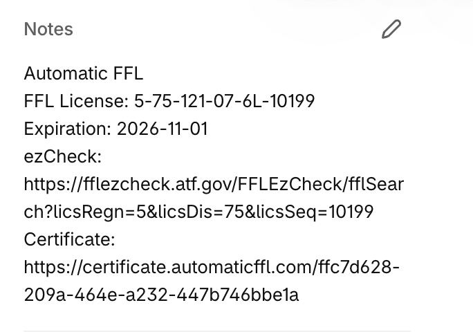 Shopify order notes with the selected dealer's FFL license, expiration date, EZ Check link, and certificate link.