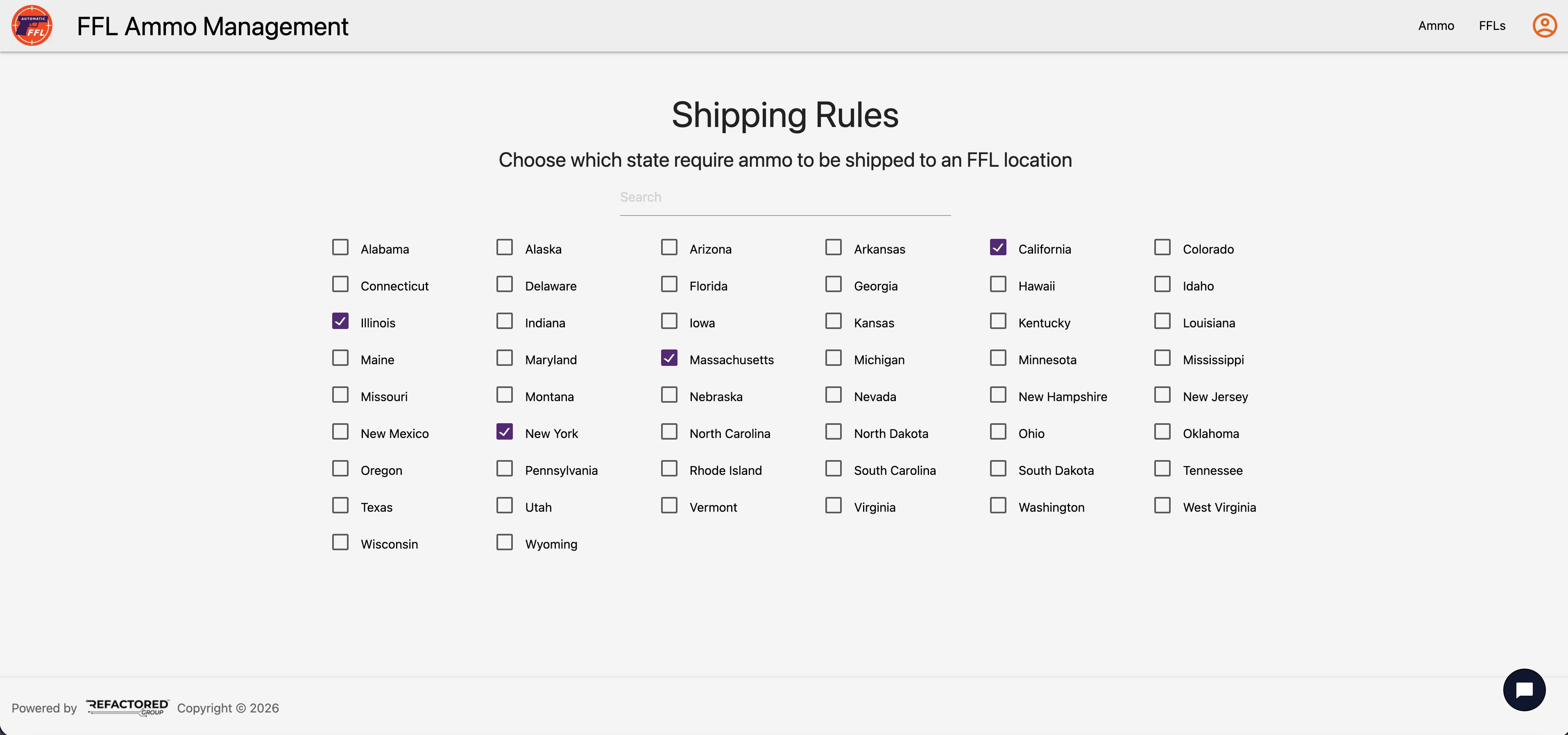 Shipping Rules, where you choose the states that require ammo to ship to an FFL.