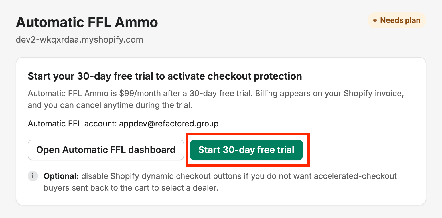 Before you subscribe, the app shows Needs plan and offers the 30-day free trial.
