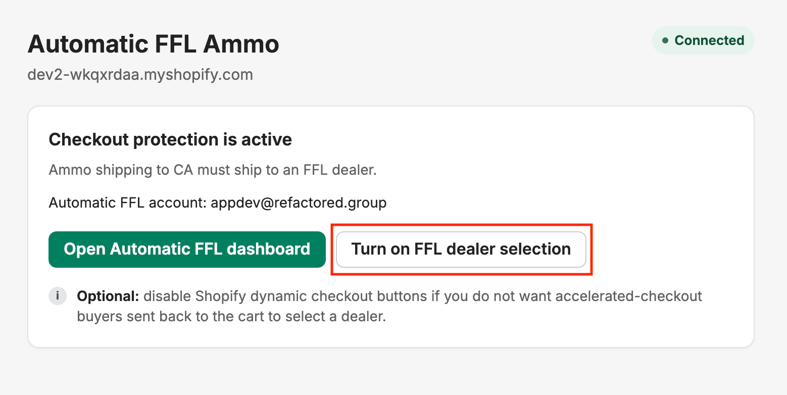 Once your subscription is active the app shows Connected, with Turn on FFL dealer selection.
