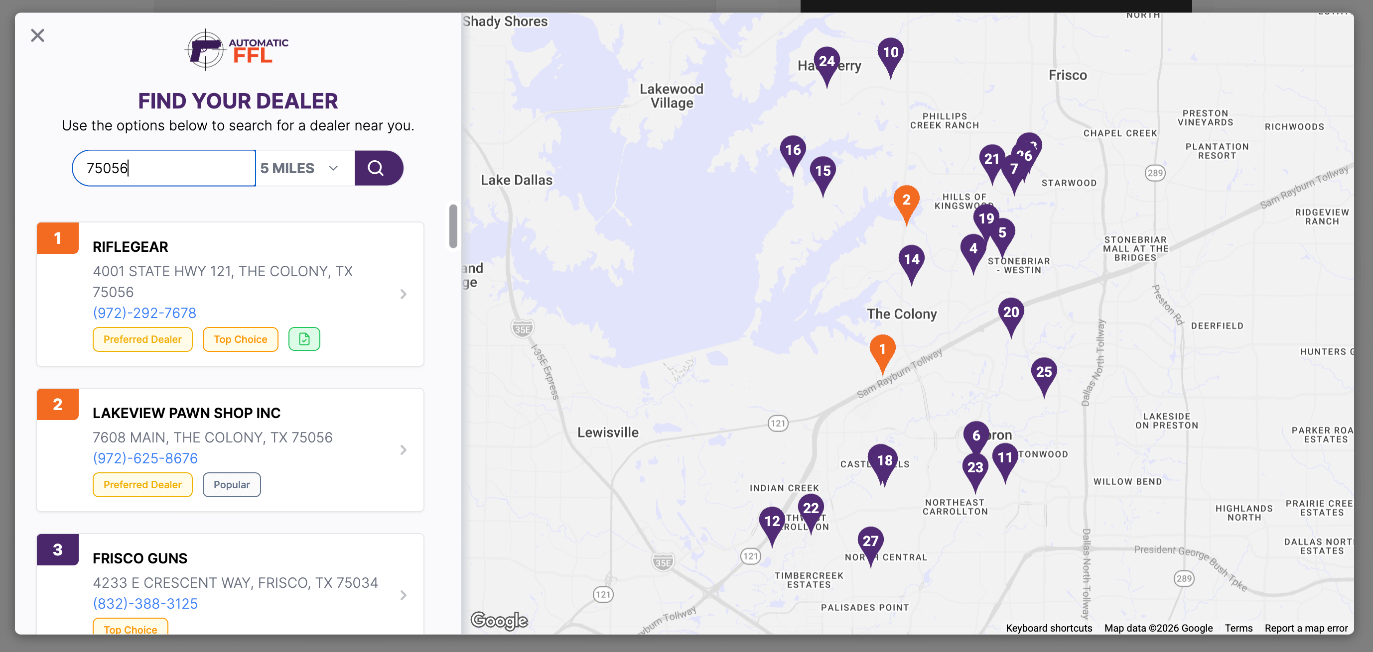Automatic FFL dealer locator at checkout — search by ZIP and radius, ranked dealer cards with Preferred Dealer and Top Choice badges, and a Google map with numbered dealer pins highlighting popular options.