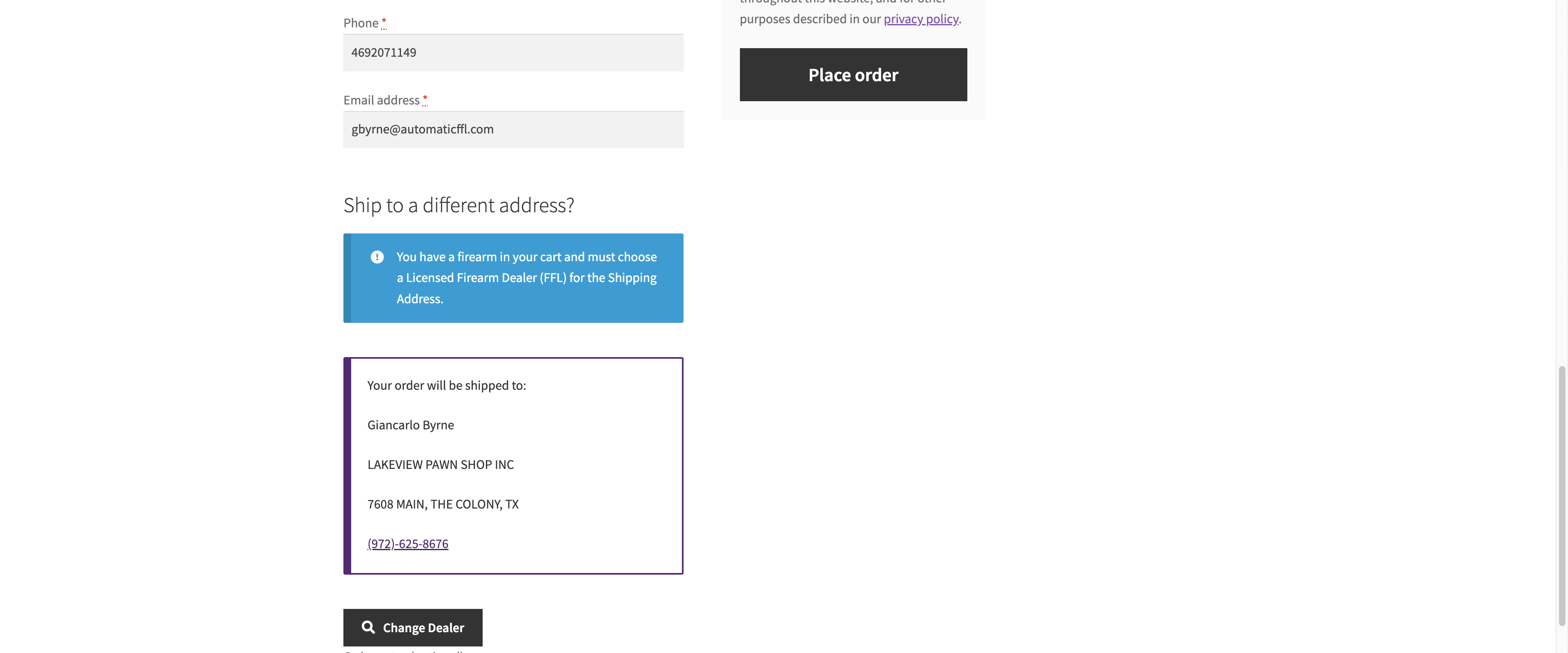 WooCommerce classic checkout showing the selected FFL dealer shipping address and Change Dealer button.