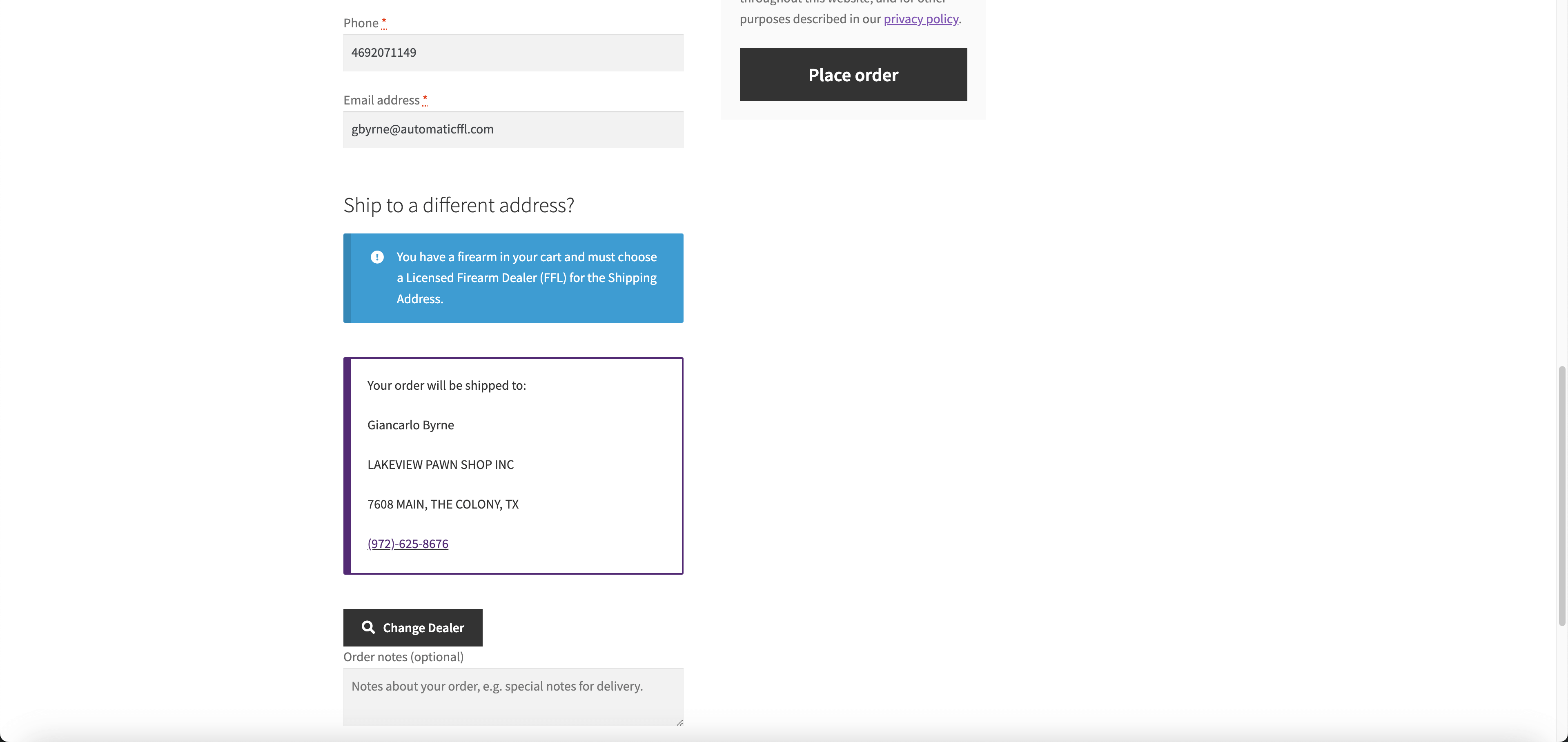 WooCommerce checkout with the Automatic FFL dealer selection step.