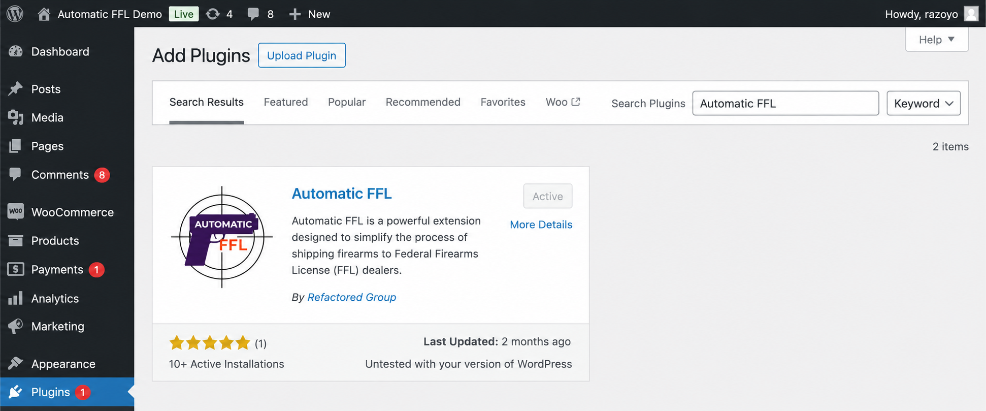 WordPress admin plugin search showing Automatic FFL.