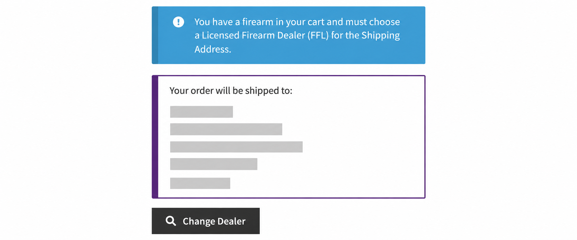 WooCommerce checkout showing an FFL dealer-selection warning, redacted selected dealer details, and a Change Dealer button.